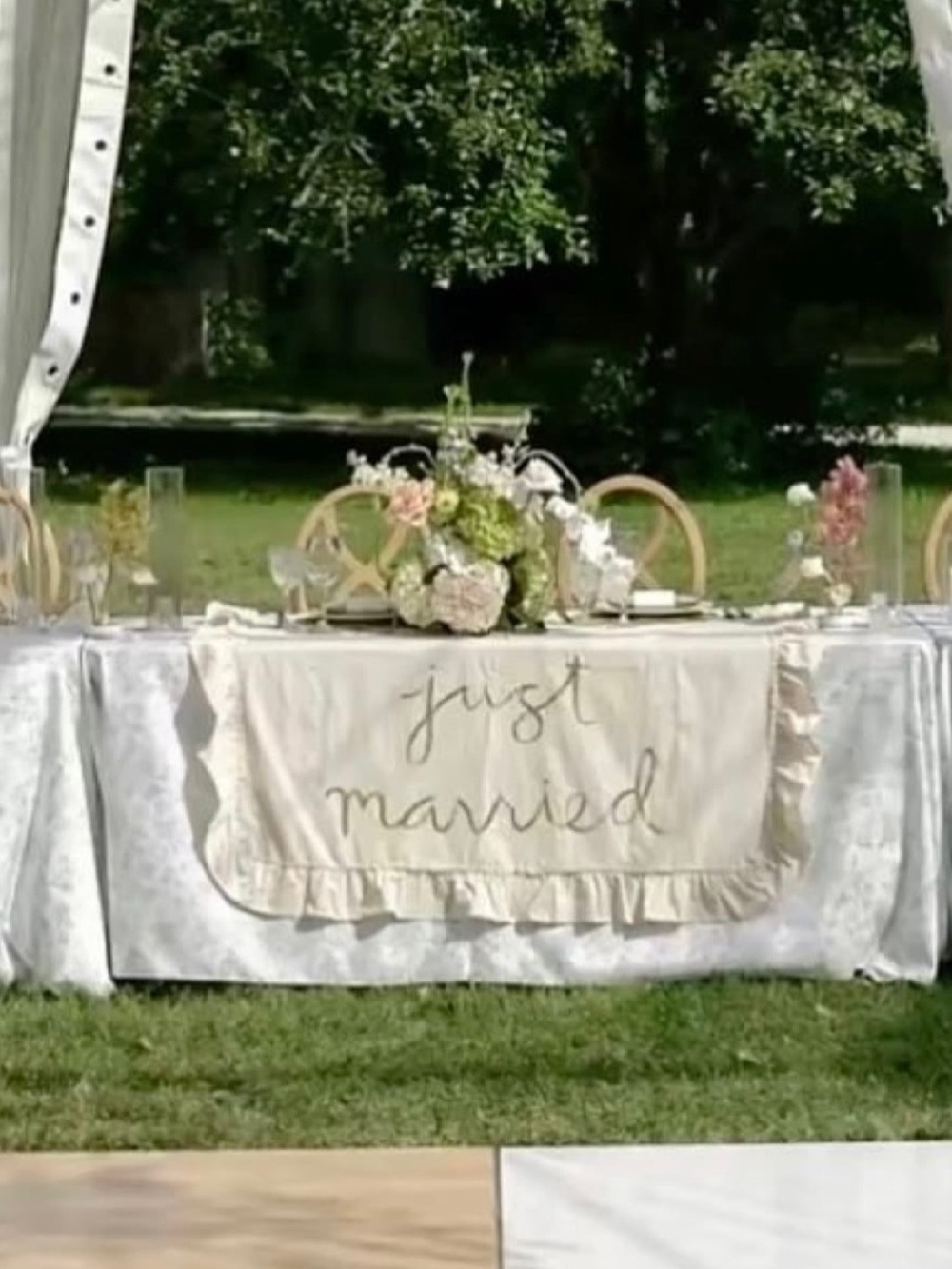 Neutral 'Just Married' Ruffled Table Runner - Elegant Wedding Decor